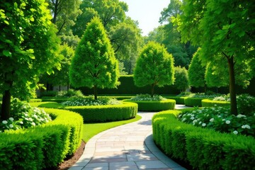 Serene garden with lush greenery and meticulously manicured hedges, showcasing elegant landscaping design , cultivated, green