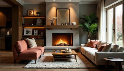 Cozy living room with fireplace, plush furniture, design, living room, architecture