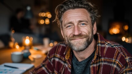 Obraz premium Smiling man in cozy atmosphere engages in creative work during evening hours with warm lighting