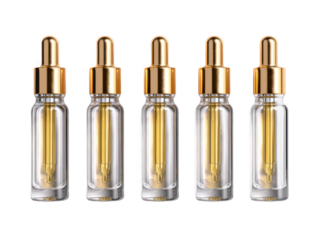 Five clear glass dropper bottles with elegant gold caps are neatly aligned on a stark white surface, showcasing minimalistic beauty and pharmaceutical packaging.