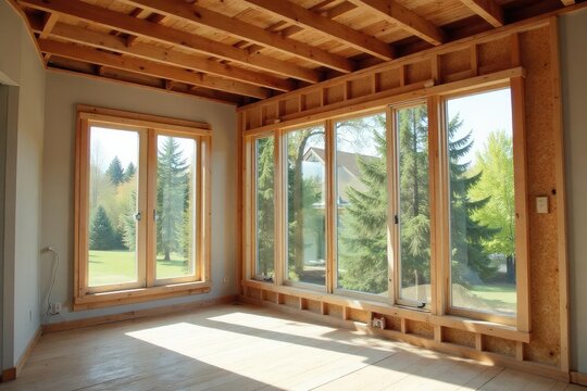 Fototapeta Happy family home improvement, new sunroom addition under construction Framing, windows, roof visible , modern, foundation