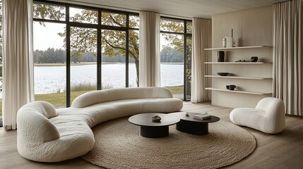 Modern, minimalist living room with a curved sofa, overlooking a serene lake