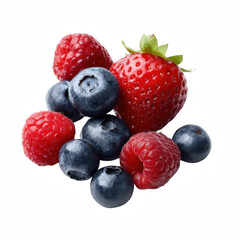 A vibrant assortment of fresh blueberries, raspberries, and a strawberry are perfectly arranged on a pristine white background, showcasing their natural beauty and colors.