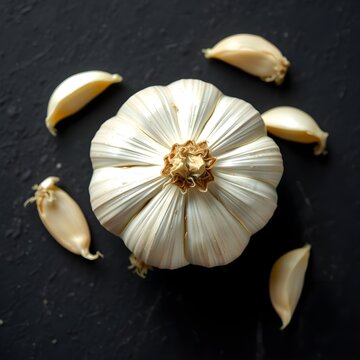 garlic top down view on a black slate surface, food photography style
