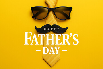 Happy fathers day greeting card design featuring sunglasses mustache and yellow tie on vibrant yellow background