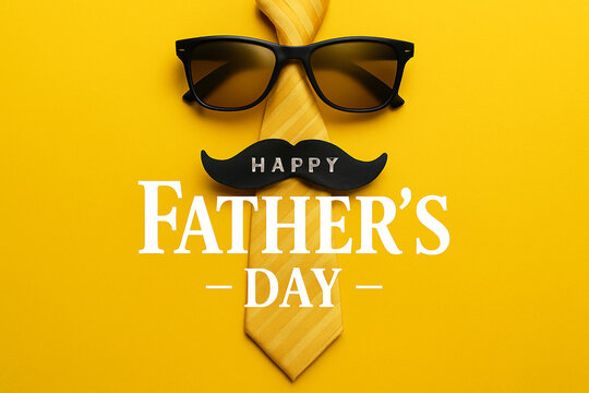 Happy fathers day greeting card design featuring sunglasses mustache and yellow tie on vibrant yellow background - Powered by Adobe