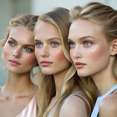 Fototapeta premium Elegant Group Portrait of Three Blonde Women with Soft Makeup and Clean Background