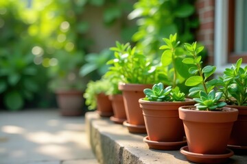 Neatly arranged potted herbs and succulents on patio , modern, clean