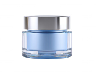 An isolated clear glass jar containing a light blue beauty cream is seen from a centered eye level perspective, showcasing a minimalistic cosmetic container.