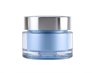 An isolated clear glass jar containing a light blue beauty cream is seen from a centered eye level perspective, showcasing a minimalistic cosmetic container.