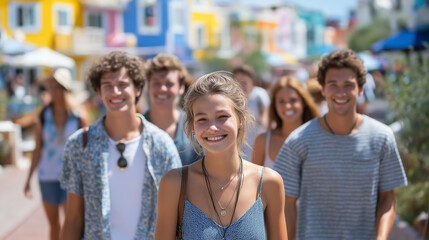Obraz premium A group of young tourists enjoying a vibrant city street