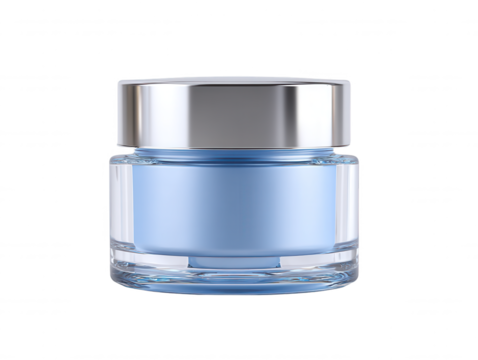 An isolated clear glass jar containing a light blue beauty cream is seen from a centered eye level perspective, showcasing a minimalistic cosmetic container.