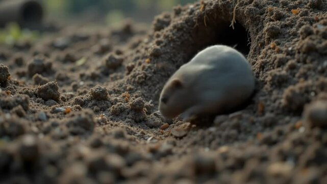 Mole Rat Emerging from Burrow in Field