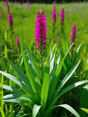 Fototapeta premium The intense magenta of paintbrush, a common summer wildflower found in subalpine meadows, is complimented nicely by the vibrant greens of a group of corn lilies.