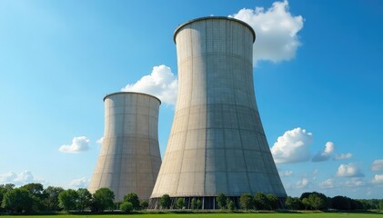 Fototapeta premium Large industrial cooling tower against a clear blue sky Excellent for industrial, manufacturing, energy, and environmental themes , chimney, electricity, design