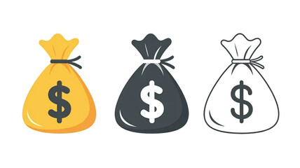 Triad of Currency Symbols A stylized lineup of three identical-shaped cash pouch icons—each distinct in visual treatment