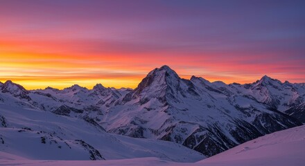 Majestic Sunset over Snowy Mountain Range