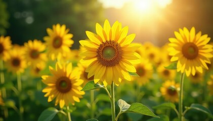 Sunflowers in full bloom, bathed in sunlight in a vibrant park setting , joyful, yellow
