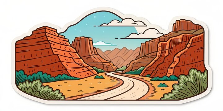 Naklejki Canyon Road Sticker Design, Cartoon Illustration, Scenic Route, Desert Landscape. Sticker, Canyon
