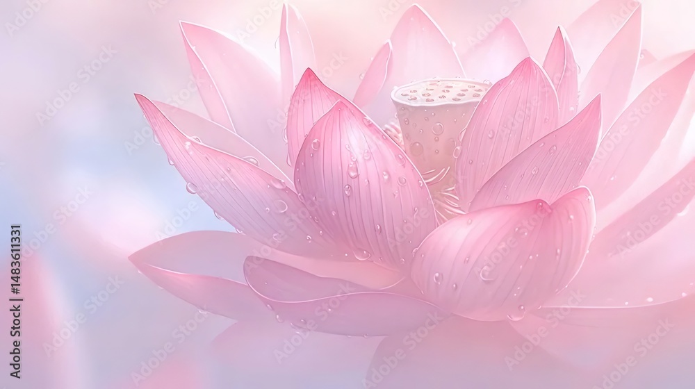 Poster ピンク色の蓮の花のクローズアップ 淡い背景に水滴が輝く 穏やかな雰囲気の自然美 瞑想的な背景に最適