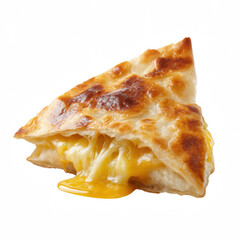 A delicious slice of cheesy quesadilla with melted cheese oozing out is presented against a clean white background, showcasing its golden crust and gooey interior.