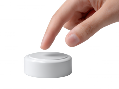 A single hand prepares to press a round white button against a clean white background in anticipation of activating something with a simple push action.