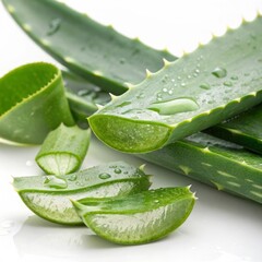 Crisp and clean macro image of aloe leaves, demonstrating the plant's rich internal structure and natural healing components for use in health-related media