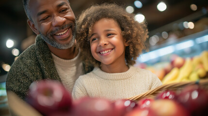 Naklejka premium Father and daughter choosing apples in a grocery store