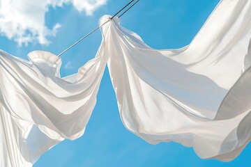 White hanging on the line, blue sky in the background, close-up of white sheets flying in the wind