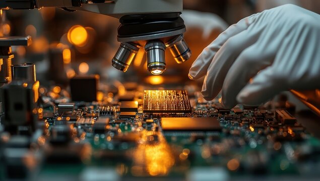 Engineer working on microchip in lab under microscope, close-up hands and tools
