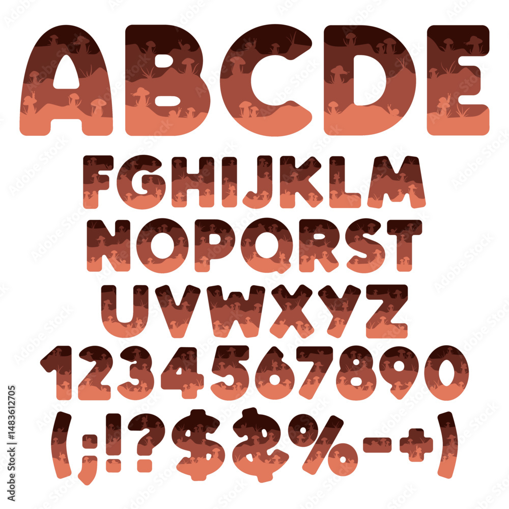 Fototapete font, alphabet, letter, number from layers with mushrooms and snails. isolated vector objects on whi