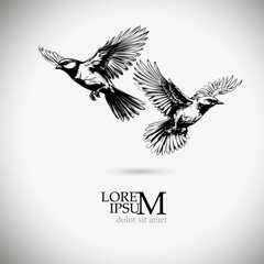 Flying Tits. Flying birds silhouette flock. hand drawing. Not AI. Vector illustration.