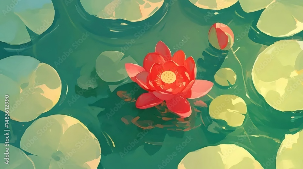 Poster 水面に浮かぶ赤い睡蓮の花と緑の葉 静かで穏やかな池の風景 美しい水彩イラストスタイル