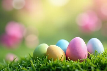 Pastel colored eggs nestled in spring grass against a blurred background of blooming flowers , green, flowers