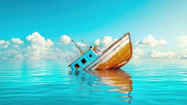 A vibrant scene showcasing a colorful boat gently floating on calm turquoise waters under a bright blue sky with fluffy clouds.