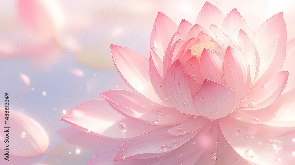 Aufkleber 水滴が付いた薄いピンク色の蓮の花のクローズアップ 優雅な花びらと反射のある穏やかな水面 瞑想的な東洋の美しさの背景