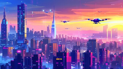 Obraz premium Neon Cityscape Drones Illuminate the Sky During Twilight Hours
