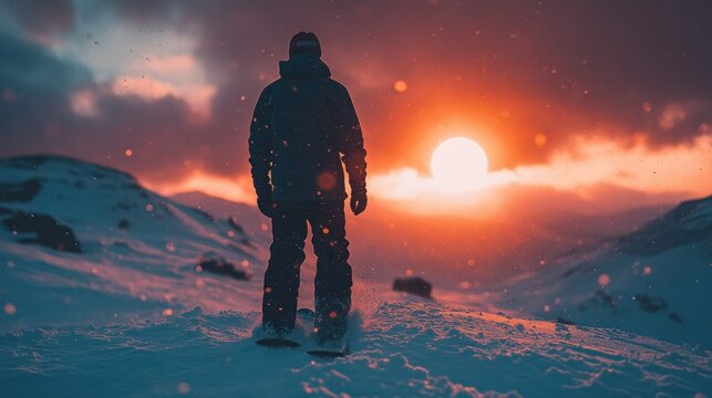 Silhouette of skier at sunset in snowy mountains