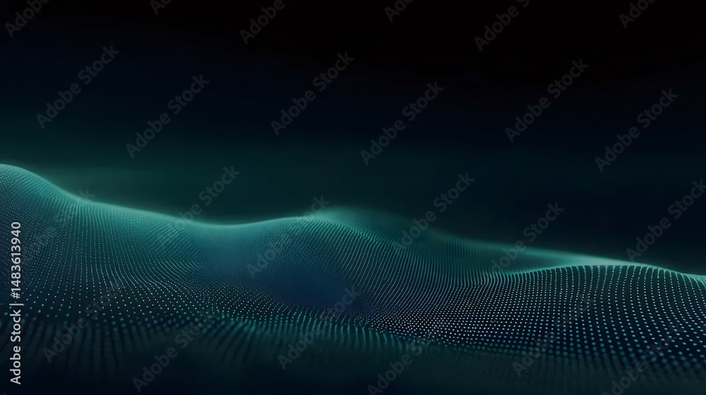 Poster 暗い背景に光る粒子波の抽象的な表現 青と緑色のグラデーションのデジタルメッシュテクノロジーネットワークと接続