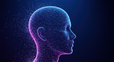 Abstract human head profile glowing with blue and purple particles on dark background.
