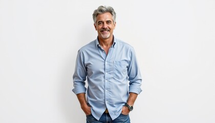 Fototapeta premium Confident Middle-Aged Man Smiling Casually in Light Blue Shirt with Hands in Pockets Against White Background