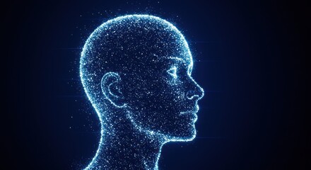Digital human head silhouette with glowing blue particles on a dark background.