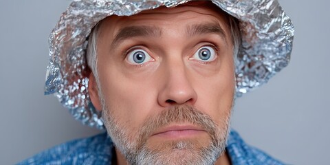 man wearing a tinfoil hat, conspiracy theorist acting smart 