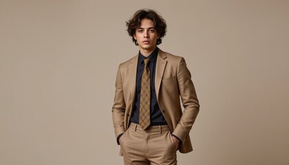 Stylish Man in Tan Suit Posing Against Neutral Background