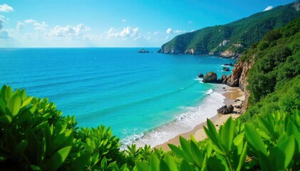 Naklejka premium Lush green vegetation meets tranquil turquoise sea , water, palm trees, coast