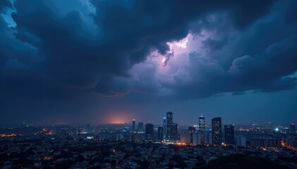 Fototapeta premium Dark stormy clouds over city skyline at night, intense, cityscape, illumination