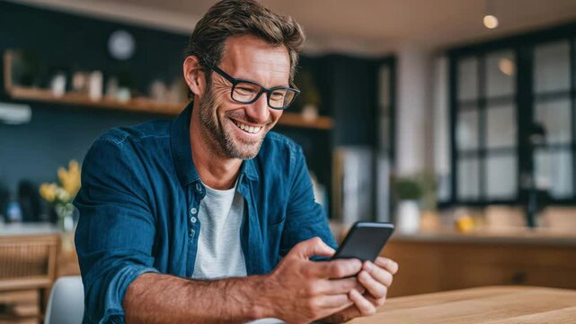 A man with glasses smiles at his smartphone in a modern kitchen, with five gold stars floating beside him, suggesting a positive review.