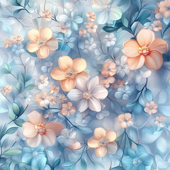 Obraz premium Floral pattern with soft pastel flowers and leaves in blue tones 