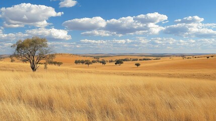 Obraz premium Serene Australian Outback Landscape with Golden Grasslands under a Blue Sky