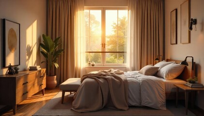 Warm evening light bathes calming bedroom in soft glow, nature, blanket, elegant
